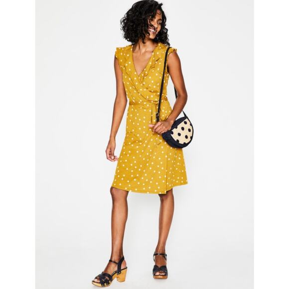 Boden Jodie Wrap Dress Sleeveless Ruffle Polka Dot Cotton Yellow 10L Tall Boho - Picture 2 of 14